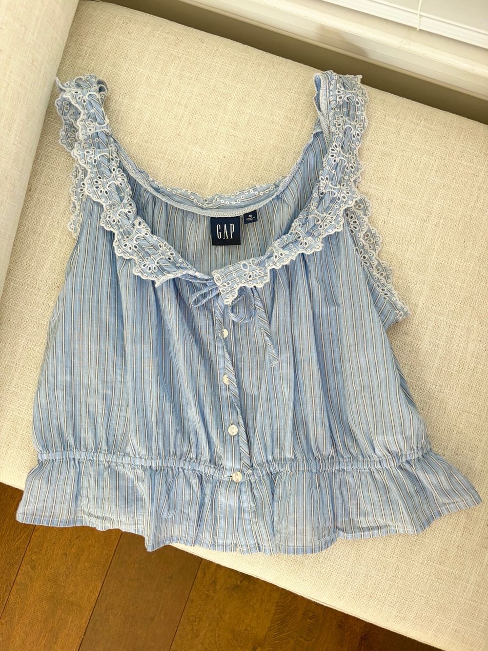 GAP Blue & White Striped Lace-Trim Tank Top